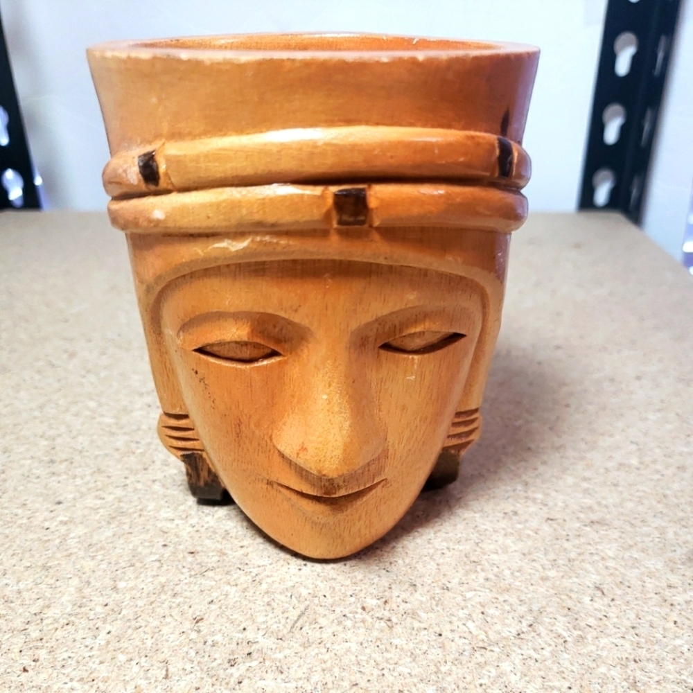 Phillipine Hand-Carved Primitive Wood Tribal Tiki Mug Woman Face Head 4.5" tall